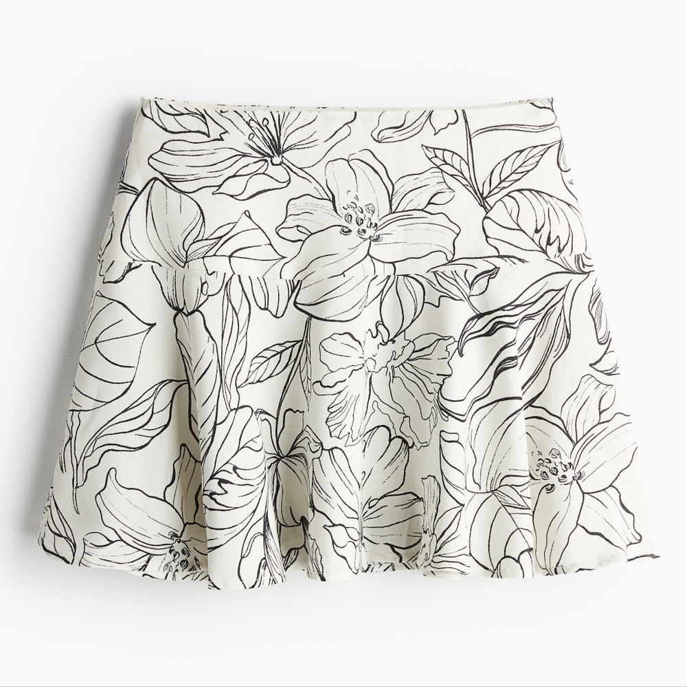 H&M Linen Tropical Print Black White Skaters Flared Skirt